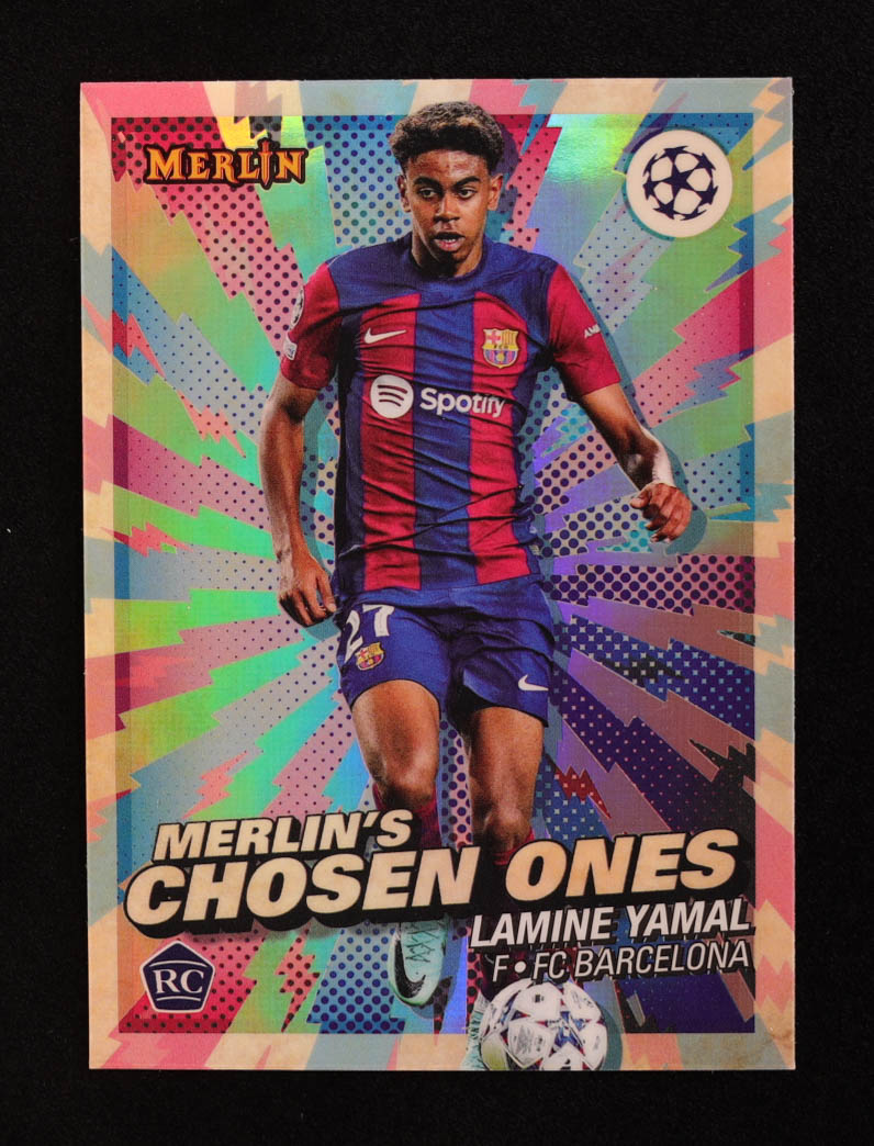 Lamine Yamal 2023-24 Merlin UEFA Club Competitions Merlins Chosen One #MC1 RC at PristineAuction.com Lamine Yamal 2023-24 Merlin UEFA Club Competitions Merlins Chosen One #MC1 RC at PristineAuction.com