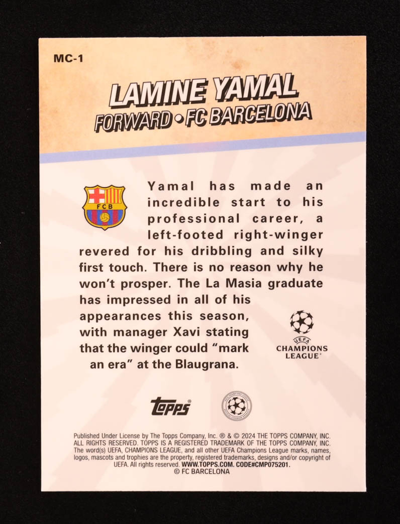 Lamine Yamal 2023-24 Merlin UEFA Club Competitions Merlins Chosen One #MC1 RC at PristineAuction.com Lamine Yamal 2023-24 Merlin UEFA Club Competitions Merlins Chosen One #MC1 RC at PristineAuction.com