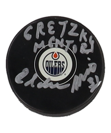 Eddie Mio Signed Oilers Logo Hockey Puck Inscribed "Gretzky Mentor" (JSA) at PristineAuction.com Eddie Mio Signed Oilers Logo Hockey Puck Inscribed "Gretzky Mentor" (JSA) at PristineAuction.com
