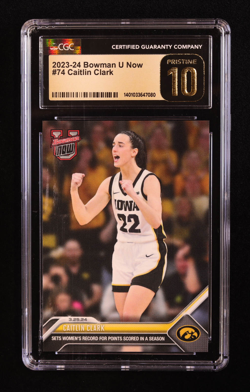 Caitlin Clark 2023-24 Bowman University Now #74 RC (CGC 10 | Pristine Black Label) at PristineAuction.com Caitlin Clark 2023-24 Bowman University Now #74 RC (CGC 10 | Pristine Black Label) at PristineAuction.com