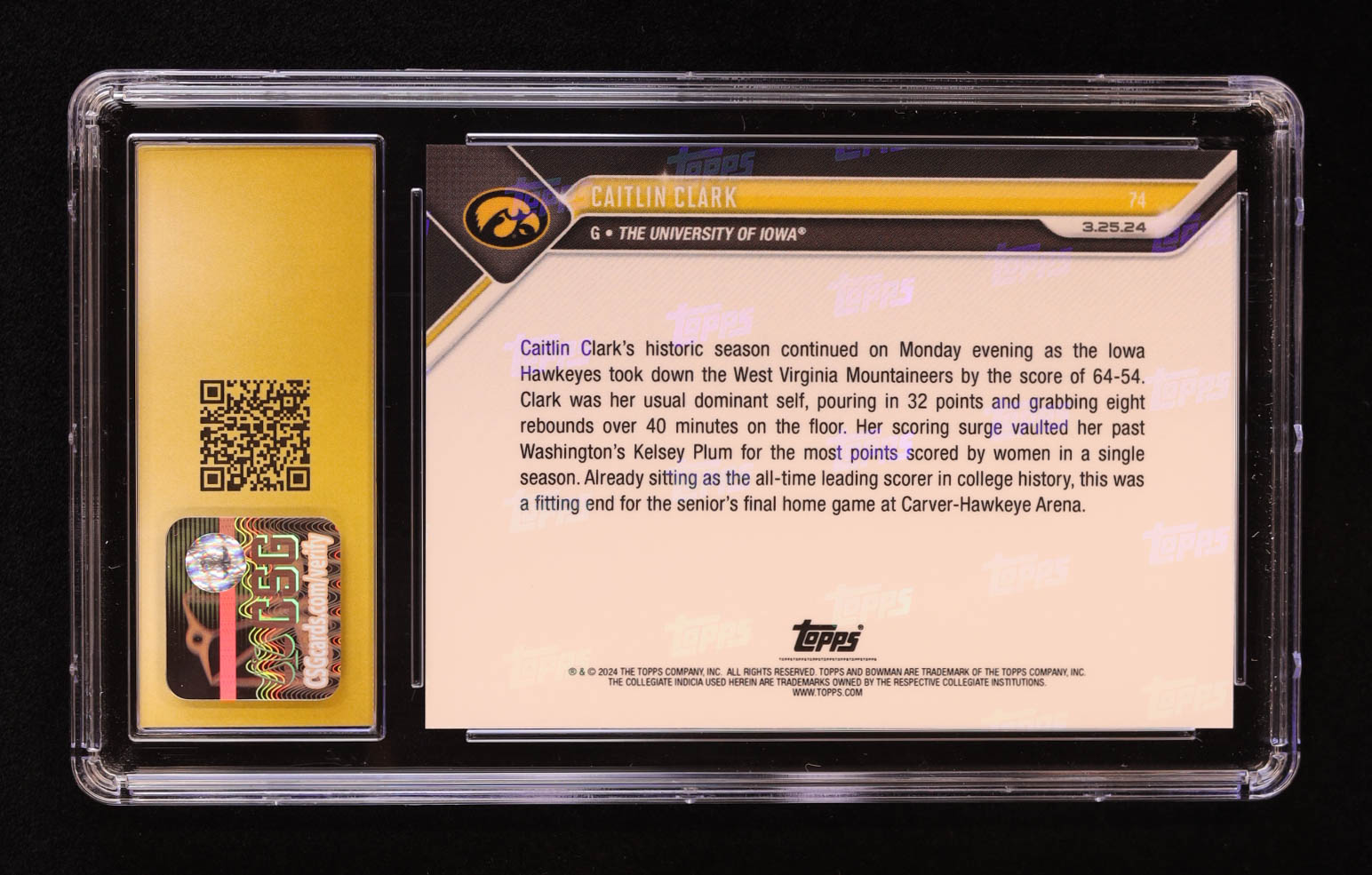 Caitlin Clark 2023-24 Bowman University Now #74 RC (CGC 10 | Pristine Black Label) at PristineAuction.com Caitlin Clark 2023-24 Bowman University Now #74 RC (CGC 10 | Pristine Black Label) at PristineAuction.com