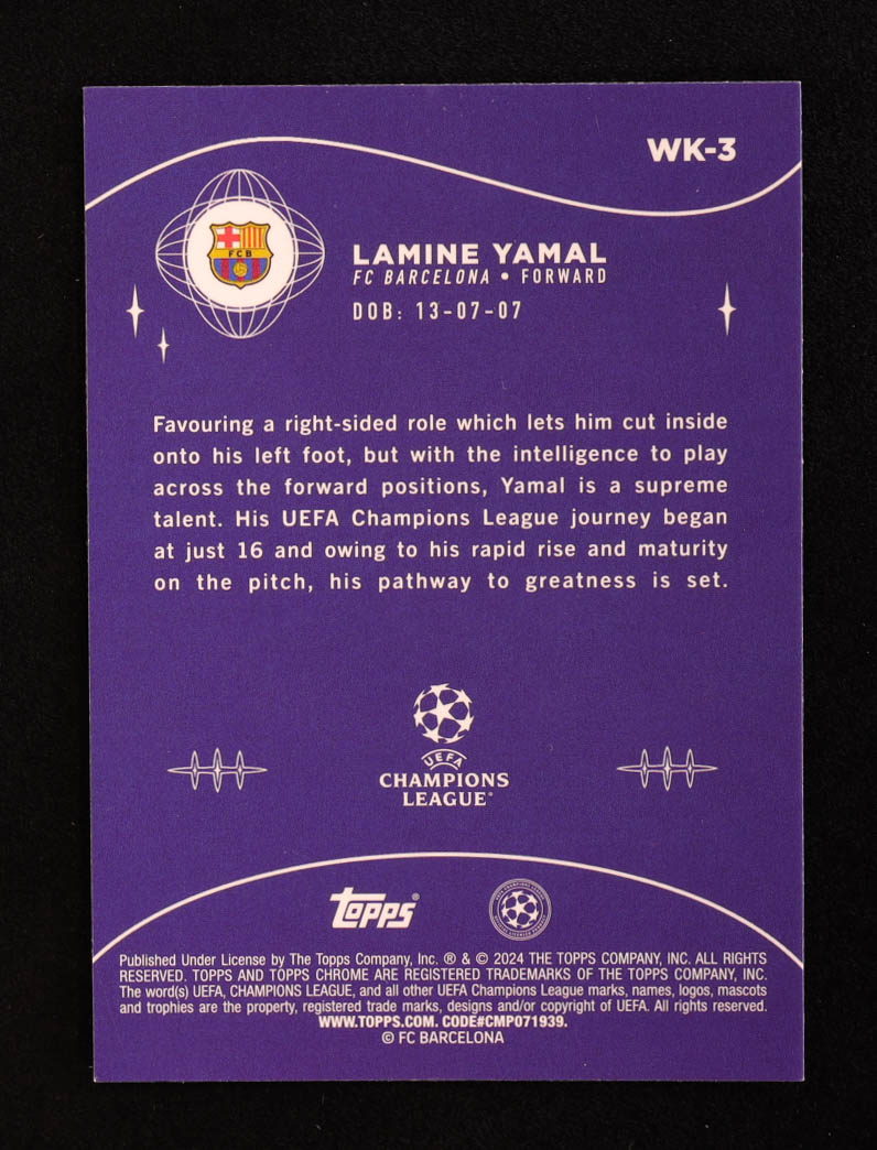 Lamine Yamal 2023-24 Topps Chrome UEFA Club Competitions Wonderkids Sapphire #WK3 RC at PristineAuction.com Lamine Yamal 2023-24 Topps Chrome UEFA Club Competitions Wonderkids Sapphire #WK3 RC at PristineAuction.com