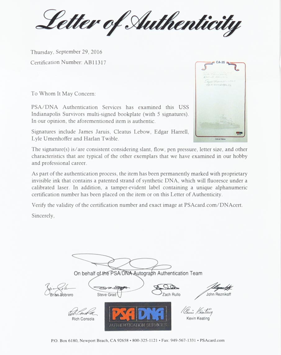 WWII USS Indianapolis Survivors Multi Signed "USS Indianapolis CA-35" Hard Bound Book signed by 5 Survivors (PSA) at PristineAuction.com WWII USS Indianapolis Survivors Multi Signed "USS Indianapolis CA-35" Hard Bound Book signed by 5 Survivors (PSA) at PristineAuction.com