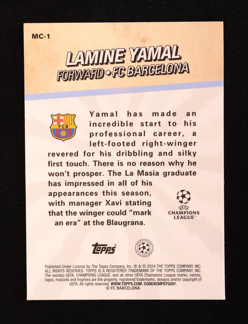 Lamine Yamal 2023-24 Merlin UEFA Club Competitions Merlins Chosen One #MC1 RC at PristineAuction.com Lamine Yamal 2023-24 Merlin UEFA Club Competitions Merlins Chosen One #MC1 RC at PristineAuction.com