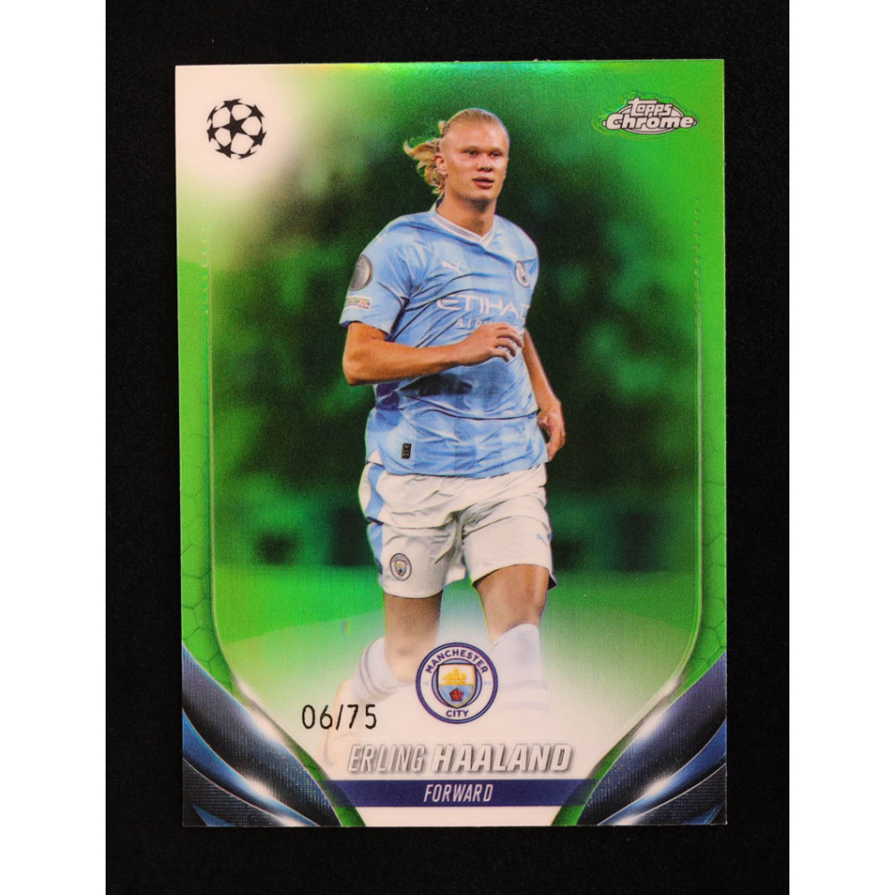 Erling Haaland 2023-24 Topps Chrome UEFA Club Competitions Green Refractors #39 #6/75 at PristineAuction.com
