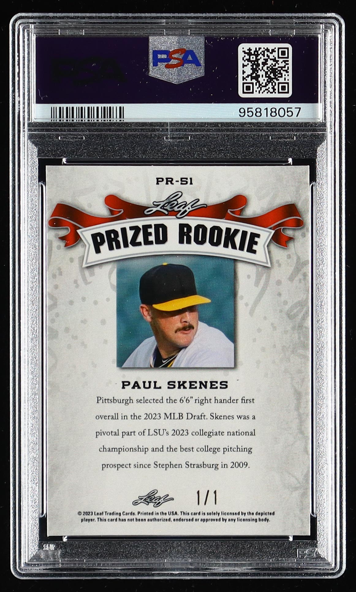 Paul Skenes 2023 Leaf Special Release Metal Prized Rookie Gold Super #PR51 RC #1/1 (PSA 10) at PristineAuction.com Paul Skenes 2023 Leaf Special Release Metal Prized Rookie Gold Super #PR51 RC #1/1 (PSA 10) at PristineAuction.com