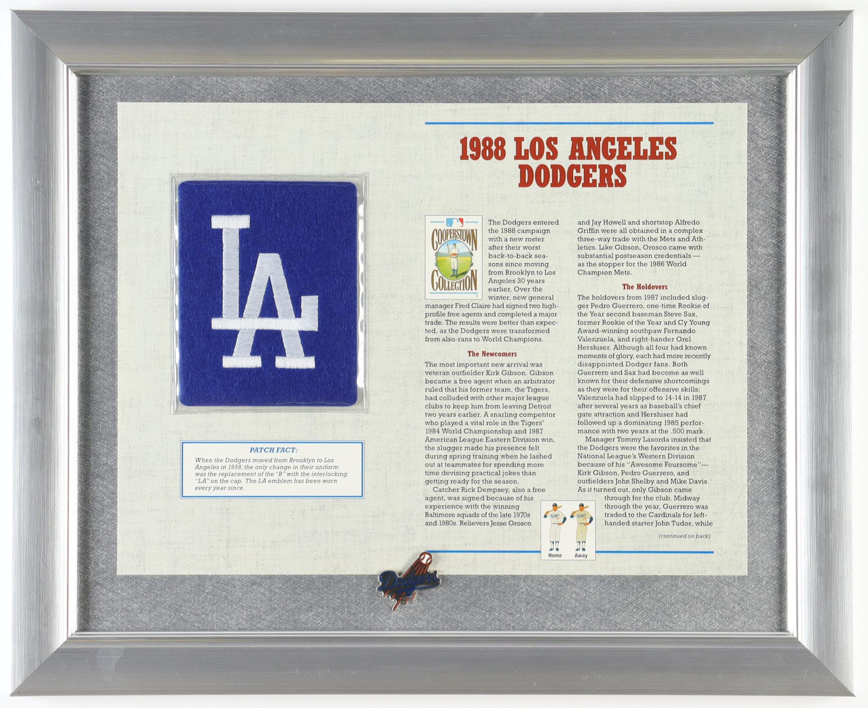 1988 Dodgers Cooperstown Collection Custom Framed Commemorative Stat Card Display With Cloth Uniform Patch & Team Logo Pin at PristineAuction.com 1988 Dodgers Cooperstown Collection Custom Framed Commemorative Stat Card Display With Cloth Uniform Patch & Team Logo Pin at PristineAuction.com
