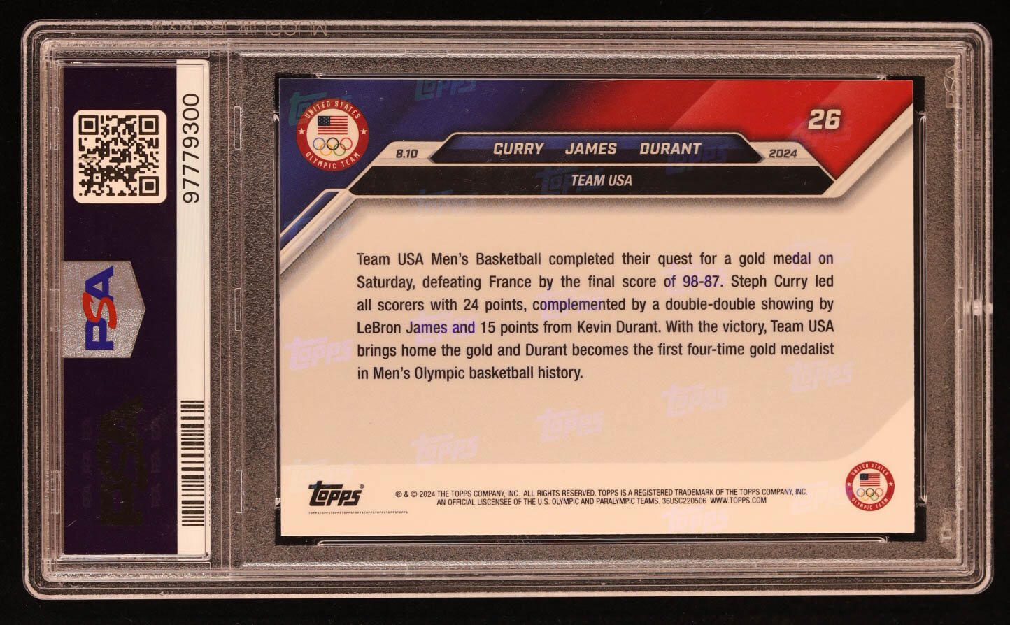 Stephen Curry / LeBron James / Kevin Durant 2024 Topps Now Olympic Games #26 (PSA 10) at PristineAuction.com Stephen Curry / LeBron James / Kevin Durant 2024 Topps Now Olympic Games #26 (PSA 10) at PristineAuction.com