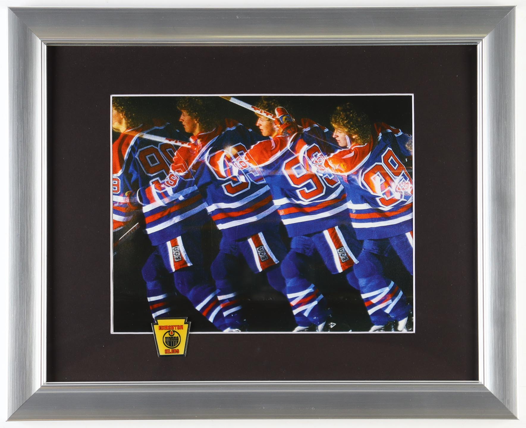 Wayne Gretzky Oilers Custom Framed Photo Display With Vintage Team Pin at PristineAuction.com Wayne Gretzky Oilers Custom Framed Photo Display With Vintage Team Pin at PristineAuction.com
