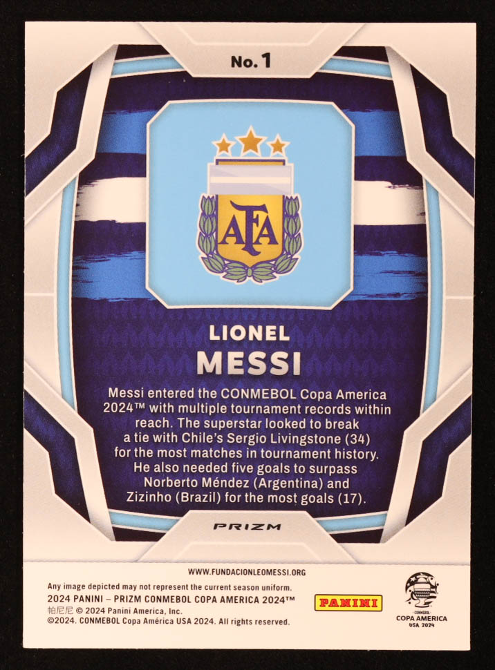 Lionel Messi 2024 Panini Prizm Copa America Prizms Silver #1 at PristineAuction.com Lionel Messi 2024 Panini Prizm Copa America Prizms Silver #1 at PristineAuction.com