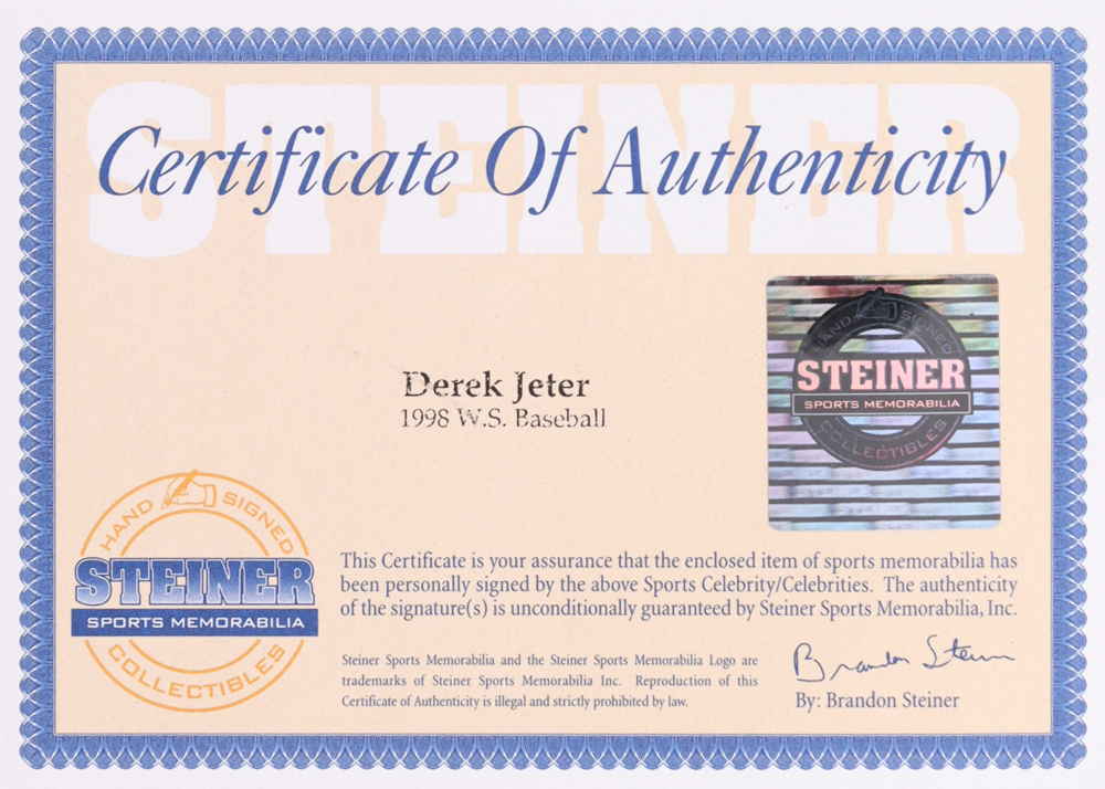 Derek Jeter Signed 1998 World Series Baseball (Steiner & MLB) at PristineAuction.com Derek Jeter Signed 1998 World Series Baseball (Steiner & MLB) at PristineAuction.com