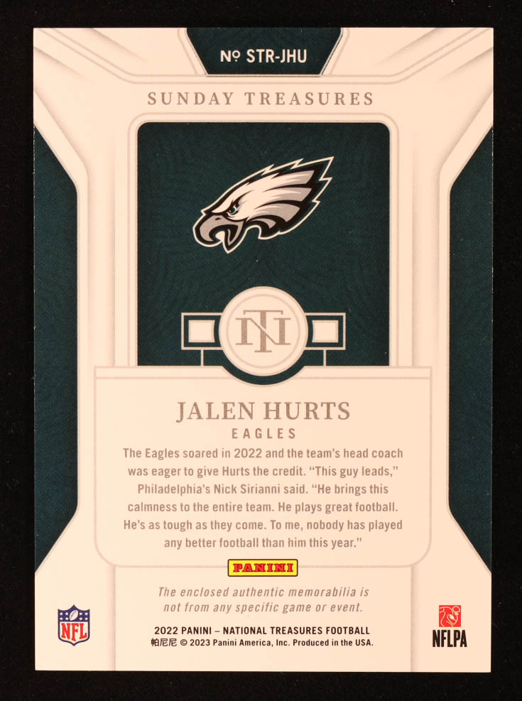 Jalen Hurts 2022 National Treasures Sunday Treasures #JHU #48/99 at PristineAuction.com Jalen Hurts 2022 National Treasures Sunday Treasures #JHU #48/99 at PristineAuction.com