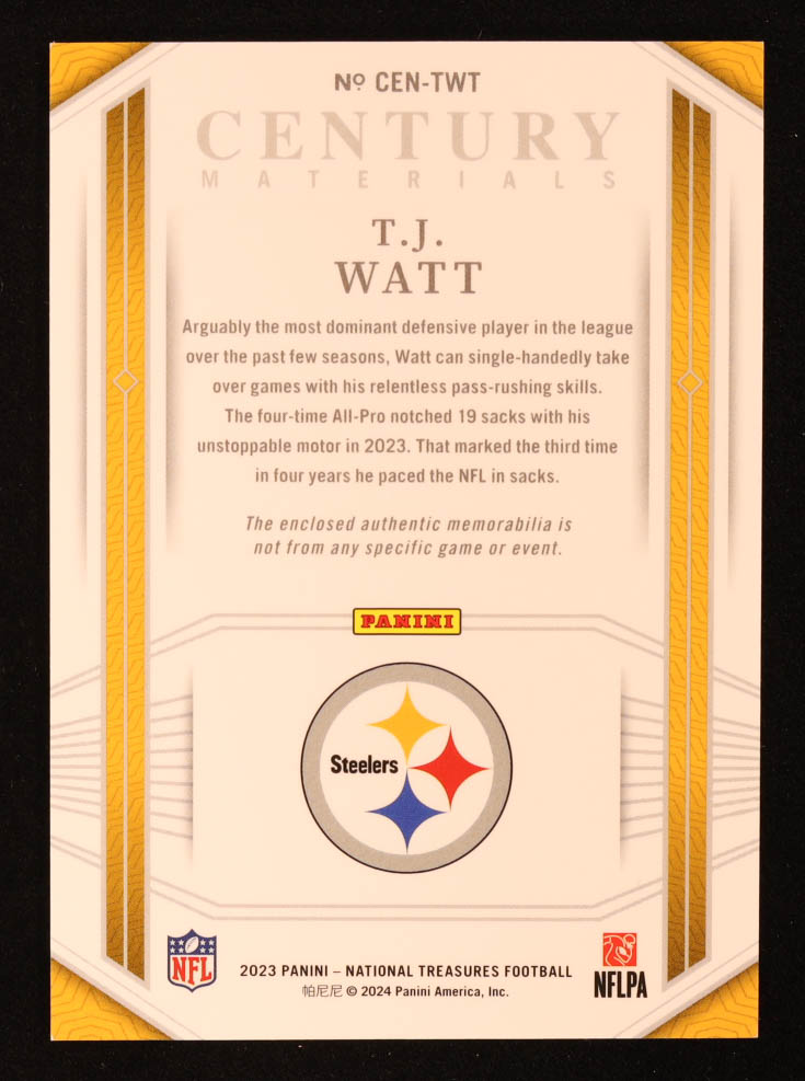 T.J. Watt 2023 National Treasures Century Materials #TWT #80/99 at PristineAuction.com T.J. Watt 2023 National Treasures Century Materials #TWT #80/99 at PristineAuction.com