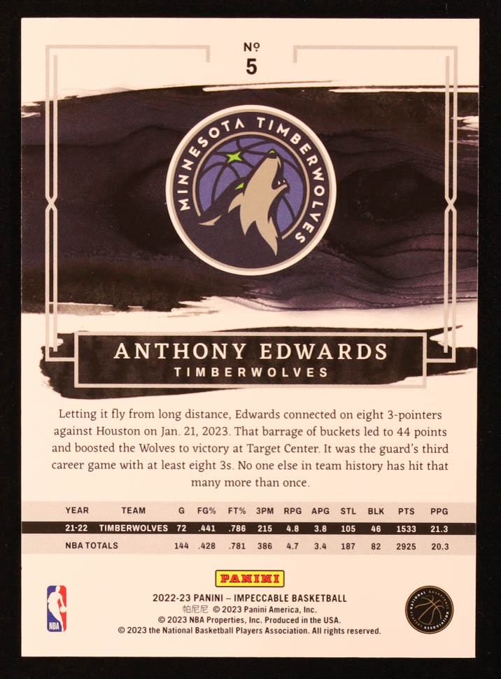 Anthony Edwards 2022-23 Panini Impeccable #5 #12/99 at PristineAuction.com Anthony Edwards 2022-23 Panini Impeccable #5 #12/99 at PristineAuction.com