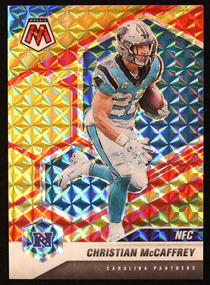 Christian McCaffrey 2021 Panini Mosaic Mosaic Choice Fusion Red and Yellow #210 NFC #52/80 at PristineAuction.com Christian McCaffrey 2021 Panini Mosaic Mosaic Choice Fusion Red and Yellow #210 NFC #52/80 at PristineAuction.com