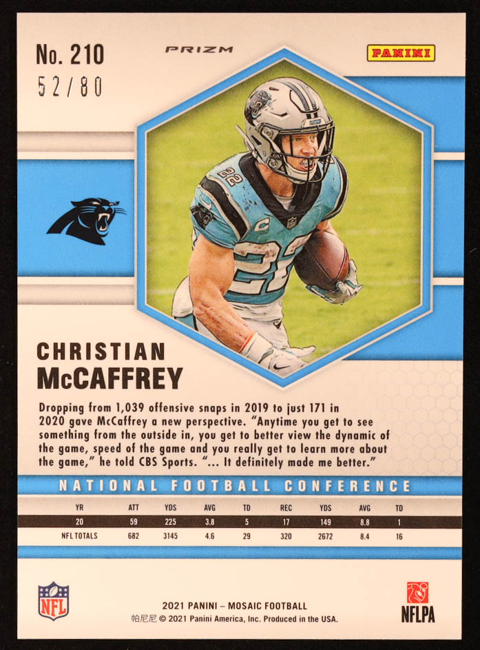 Christian McCaffrey 2021 Panini Mosaic Mosaic Choice Fusion Red and Yellow #210 NFC #52/80 at PristineAuction.com Christian McCaffrey 2021 Panini Mosaic Mosaic Choice Fusion Red and Yellow #210 NFC #52/80 at PristineAuction.com