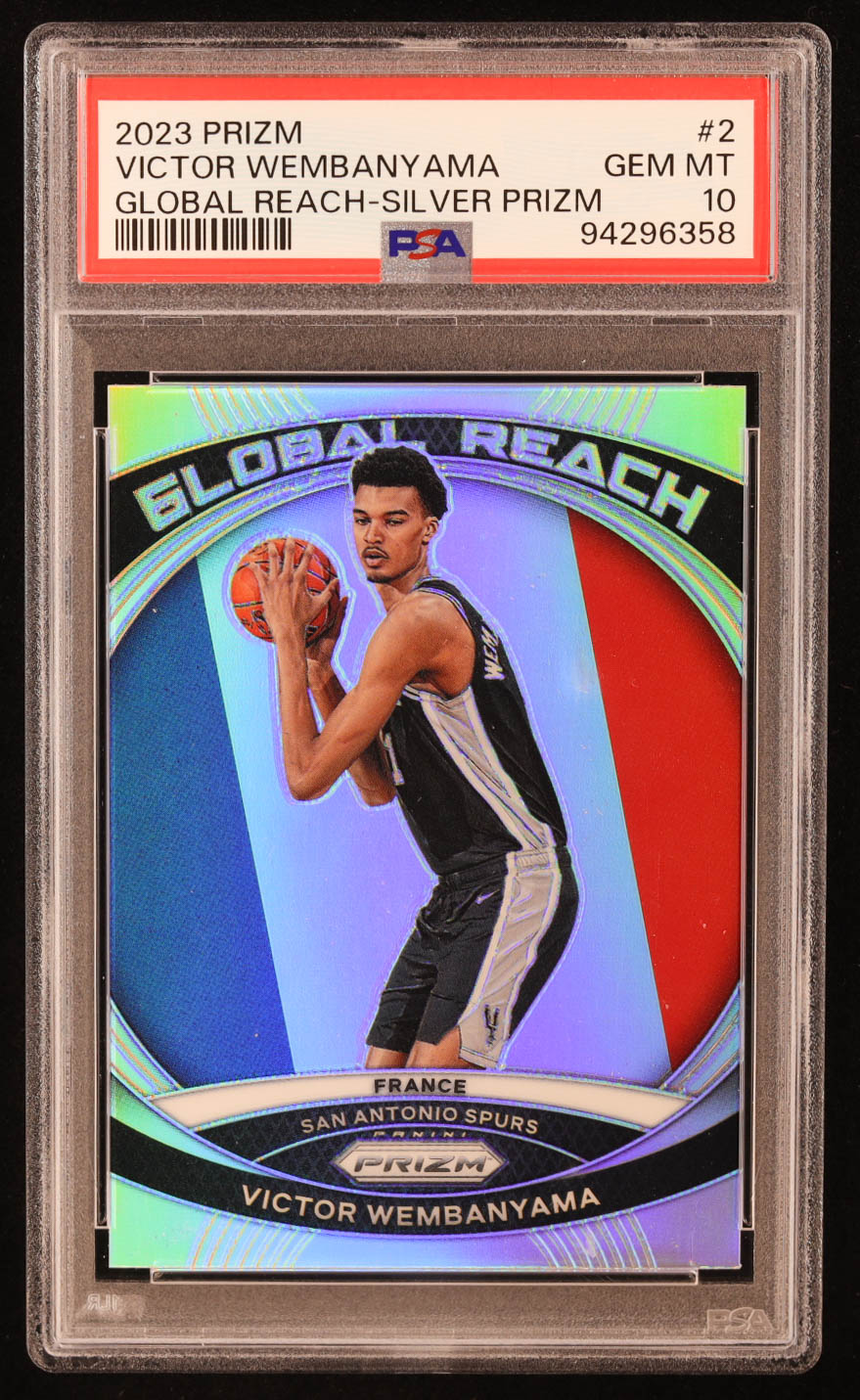 Victor Wembanyama 2023-24 Panini Prizm Global Reach Prizms Silver #2 RC (PSA 10) at PristineAuction.com Victor Wembanyama 2023-24 Panini Prizm Global Reach Prizms Silver #2 RC (PSA 10) at PristineAuction.com