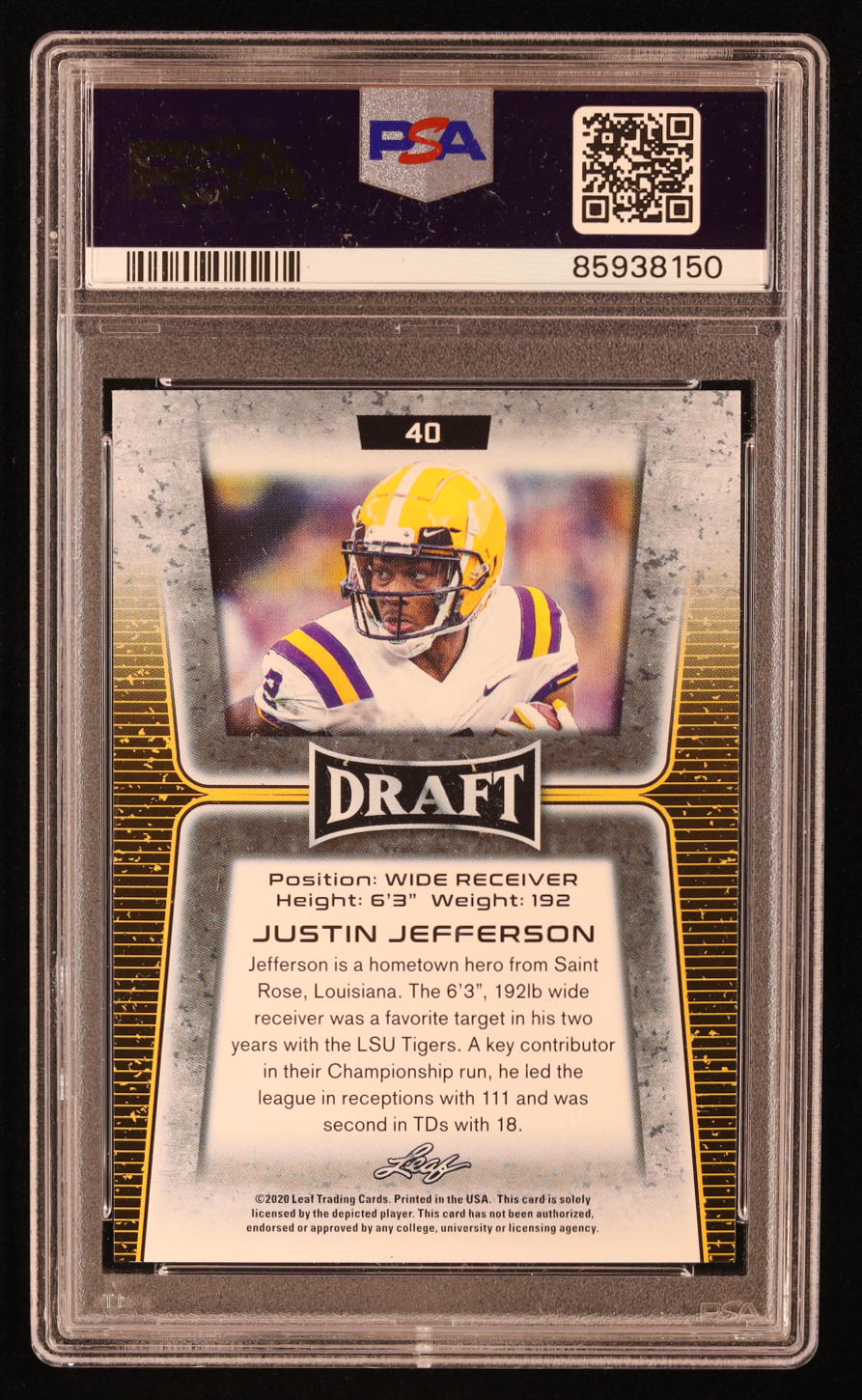 Justin Jefferson 2020 Leaf Draft Gold #40 RC (PSA 10) at PristineAuction.com Justin Jefferson 2020 Leaf Draft Gold #40 RC (PSA 10) at PristineAuction.com