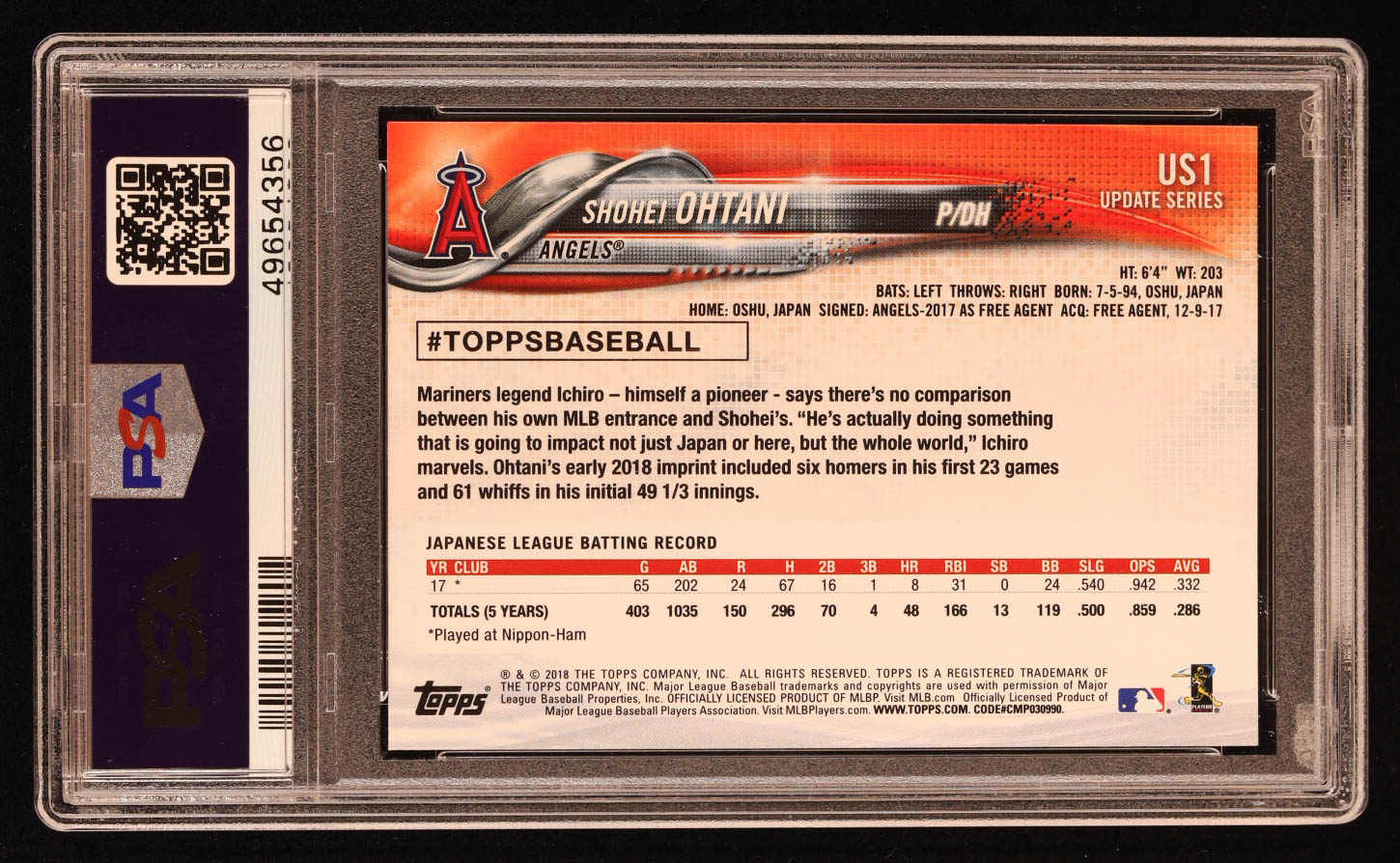 Shohei Ohtani 2018 Topps Update #US1 RC (PSA 10) at PristineAuction.com Shohei Ohtani 2018 Topps Update #US1 RC (PSA 10) at PristineAuction.com