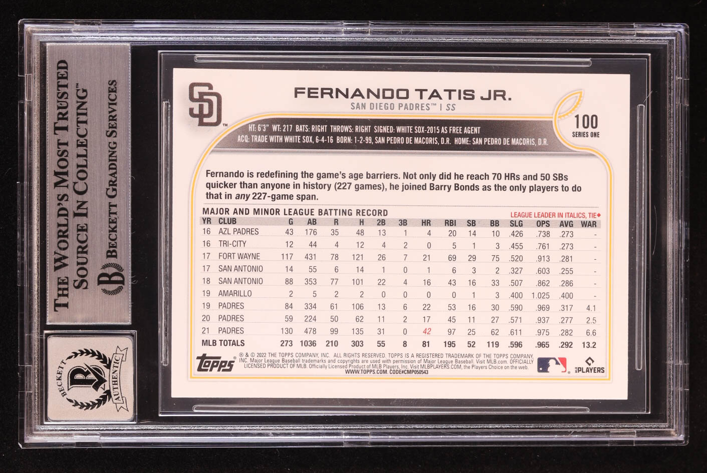 Fernando Tatis Jr. Signed 2022 Topps #100 (BGS | Auto 10) at PristineAuction.com Fernando Tatis Jr. Signed 2022 Topps #100 (BGS | Auto 10) at PristineAuction.com