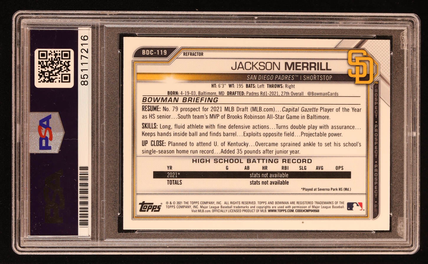 Jackson Merrill Signed 2021 Bowman Chrome Draft Refractors #BDC119 RC (PSA) at PristineAuction.com Jackson Merrill Signed 2021 Bowman Chrome Draft Refractors #BDC119 RC (PSA) at PristineAuction.com