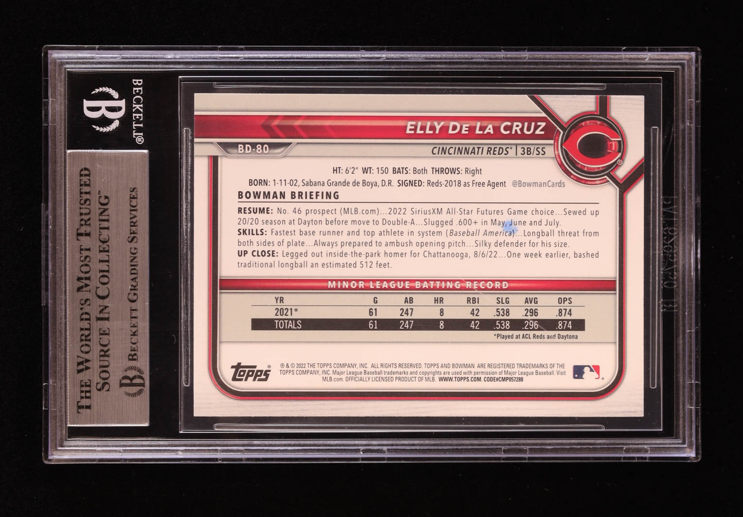 Elly De La Cruz Signed 2022 Bowman Draft #BD80 RC (BGS) at PristineAuction.com Elly De La Cruz Signed 2022 Bowman Draft #BD80 RC (BGS) at PristineAuction.com