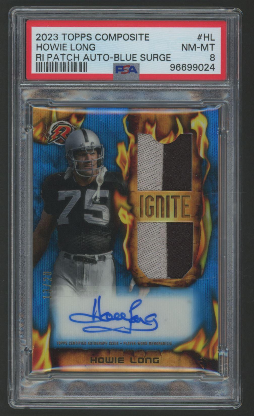 Howie Long 2023 Topps Composite Resurgence Ignite Patch Autograph Blue Surge #HL #13/20 (PSA 8) at PristineAuction.com Howie Long 2023 Topps Composite Resurgence Ignite Patch Autograph Blue Surge #HL #13/20 (PSA 8) at PristineAuction.com