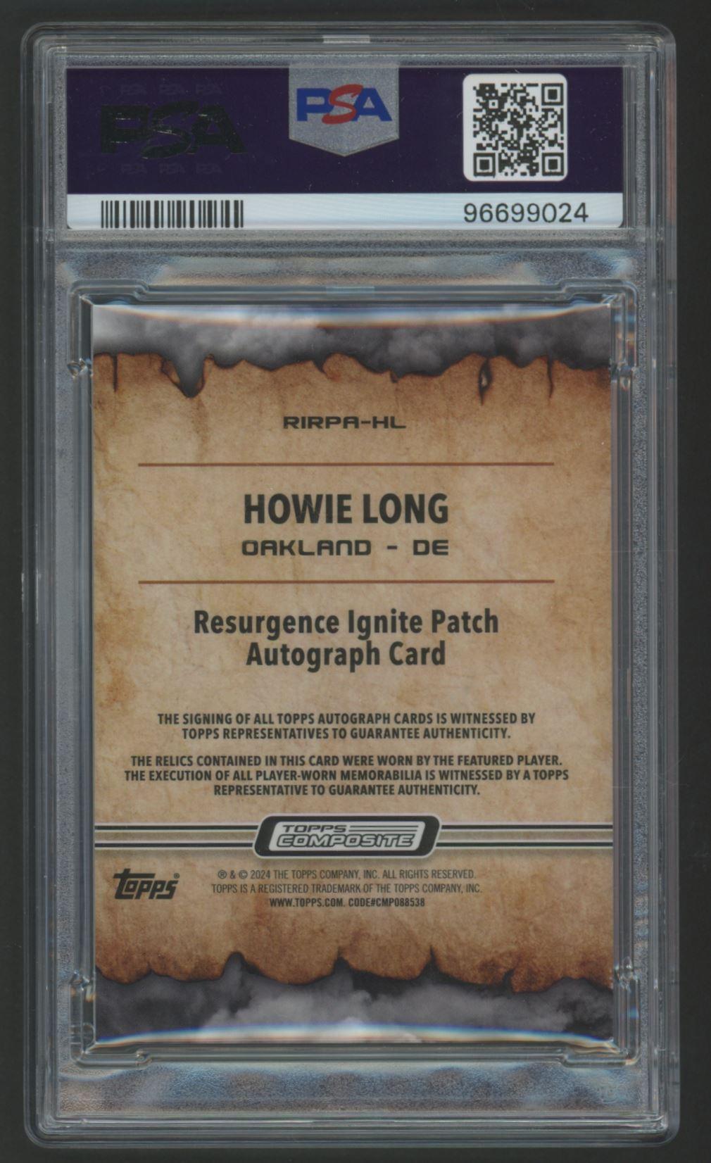 Howie Long 2023 Topps Composite Resurgence Ignite Patch Autograph Blue Surge #HL #13/20 (PSA 8) at PristineAuction.com Howie Long 2023 Topps Composite Resurgence Ignite Patch Autograph Blue Surge #HL #13/20 (PSA 8) at PristineAuction.com