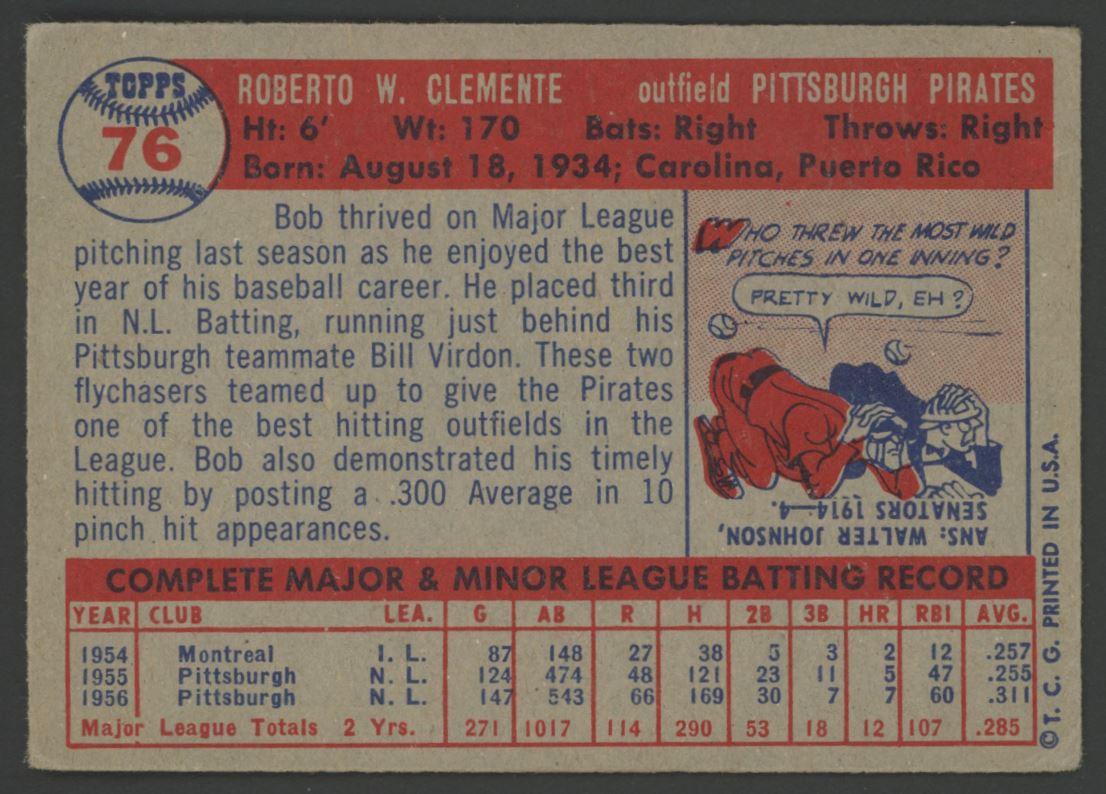 Roberto Clemente 1957 Topps #76 at PristineAuction.com Roberto Clemente 1957 Topps #76 at PristineAuction.com