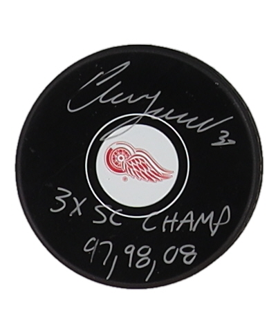 Chris Osgood Signed Red Wings Logo Hockey Puck Inscribed "3x SC Champ 97, 98, 08" (JSA) at PristineAuction.com Chris Osgood Signed Red Wings Logo Hockey Puck Inscribed "3x SC Champ 97, 98, 08" (JSA) at PristineAuction.com