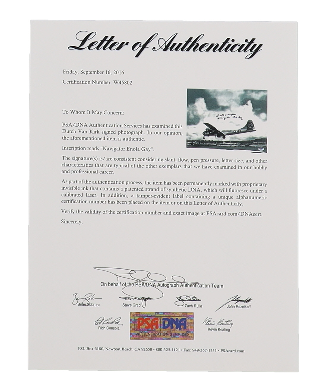 Dutch Van Kirk Signed "Enola Gay" 11x14 Photo Inscribed "Navigator - Enola Gay" (PSA) at PristineAuction.com Dutch Van Kirk Signed "Enola Gay" 11x14 Photo Inscribed "Navigator - Enola Gay" (PSA) at PristineAuction.com