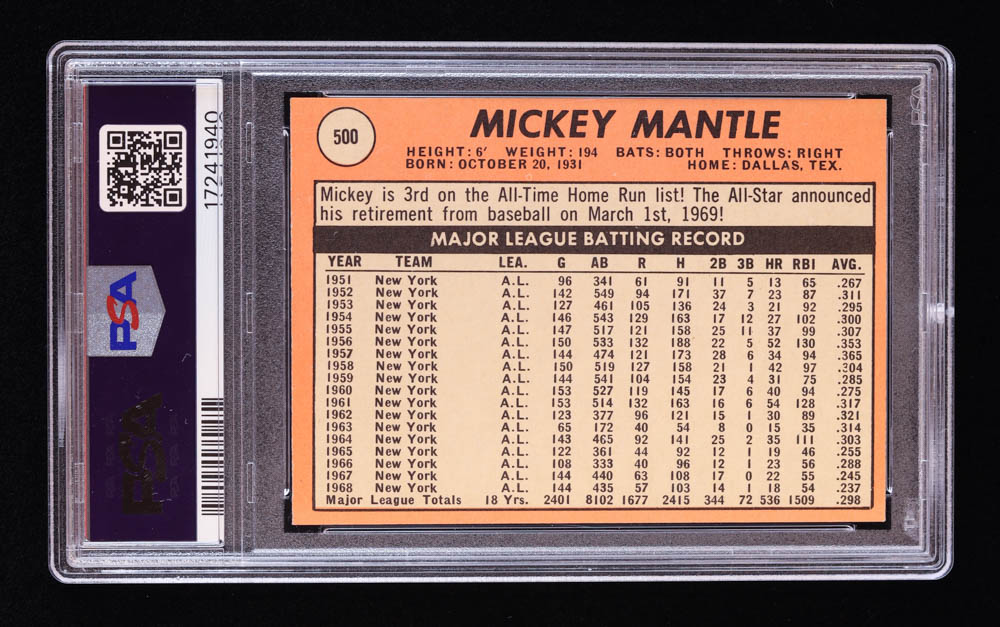 Mickey Mantle 1969 Topps / Last Name In Yellow #500A (PSA 6) at PristineAuction.com Mickey Mantle 1969 Topps / Last Name In Yellow #500A (PSA 6) at PristineAuction.com