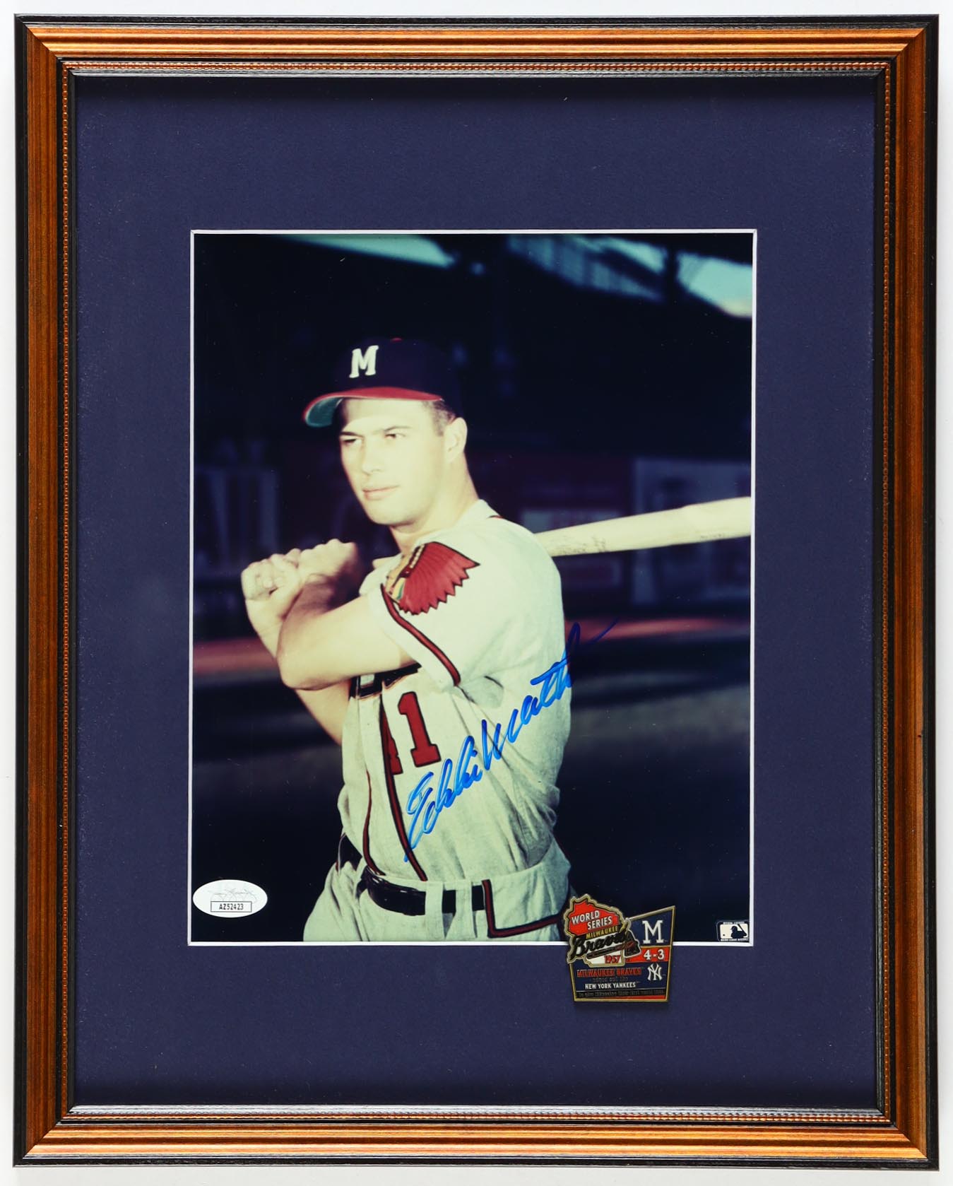 Eddie Matthews Signed Custom Framed Braves Photo Display With 1957 Official World Series Pin (JSA) at PristineAuction.com Eddie Matthews Signed Custom Framed Braves Photo Display With 1957 Official World Series Pin (JSA) at PristineAuction.com