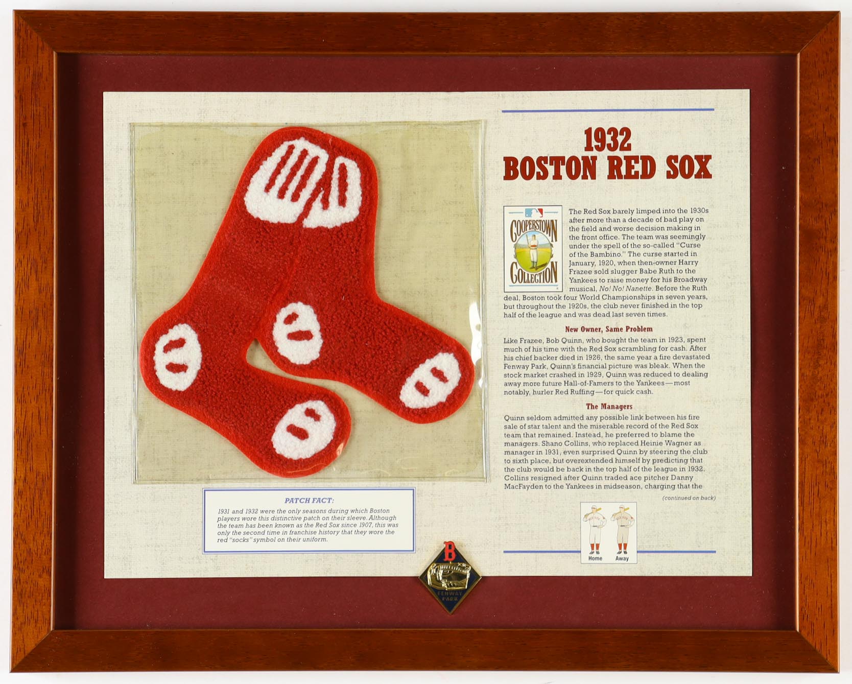 1932 Red Sox Cooperstown Collection Custom Framed Commemorative Stat Card Display With Cloth Uniform Patch & Fenway Park Pin at PristineAuction.com 1932 Red Sox Cooperstown Collection Custom Framed Commemorative Stat Card Display With Cloth Uniform Patch & Fenway Park Pin at PristineAuction.com