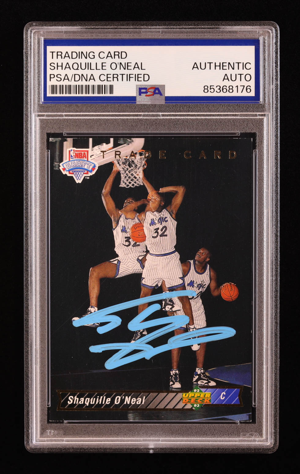 Shaquille O'Neal Signed 1992-93 Upper Deck #1 Trade Card RC (PSA) at PristineAuction.com Shaquille O'Neal Signed 1992-93 Upper Deck #1 Trade Card RC (PSA) at PristineAuction.com