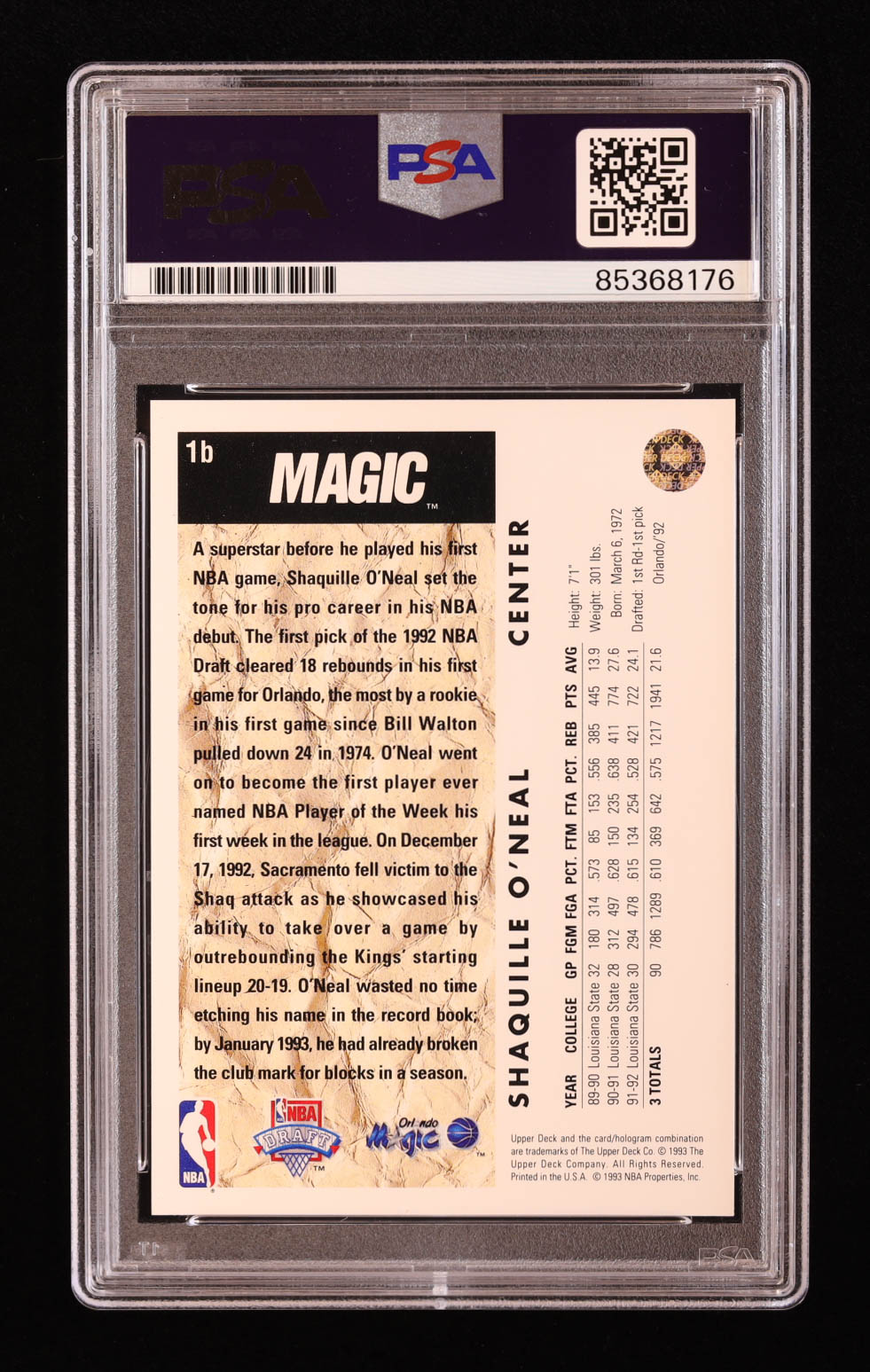 Shaquille O'Neal Signed 1992-93 Upper Deck #1 Trade Card RC (PSA) at PristineAuction.com Shaquille O'Neal Signed 1992-93 Upper Deck #1 Trade Card RC (PSA) at PristineAuction.com