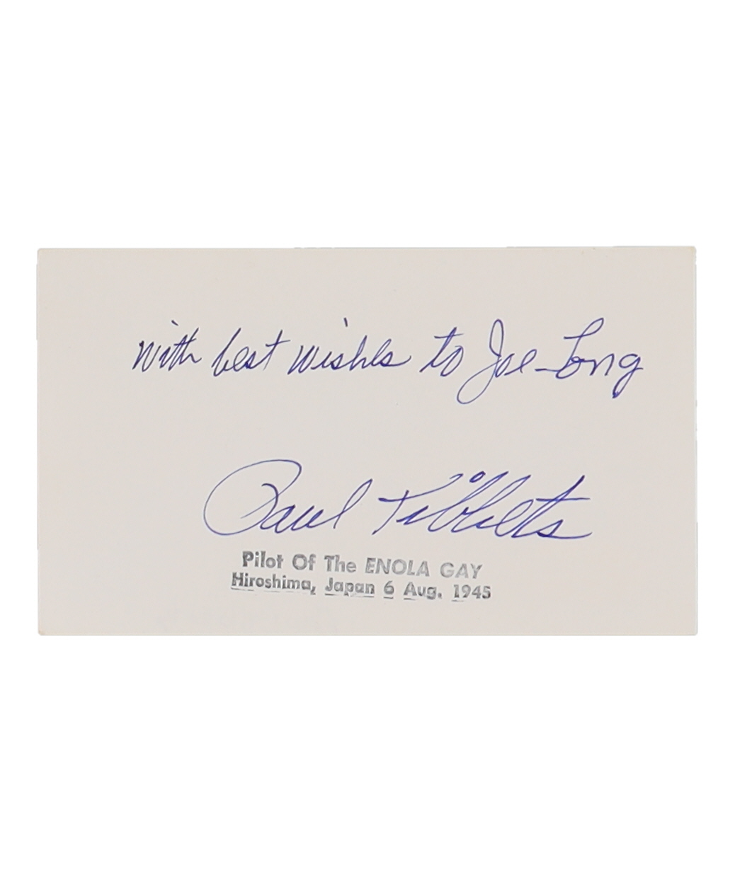 Paul Tibbets Signed Index Card Inscribed "With Best Wishes" (AutographCOA) at PristineAuction.com Paul Tibbets Signed Index Card Inscribed "With Best Wishes" (AutographCOA) at PristineAuction.com