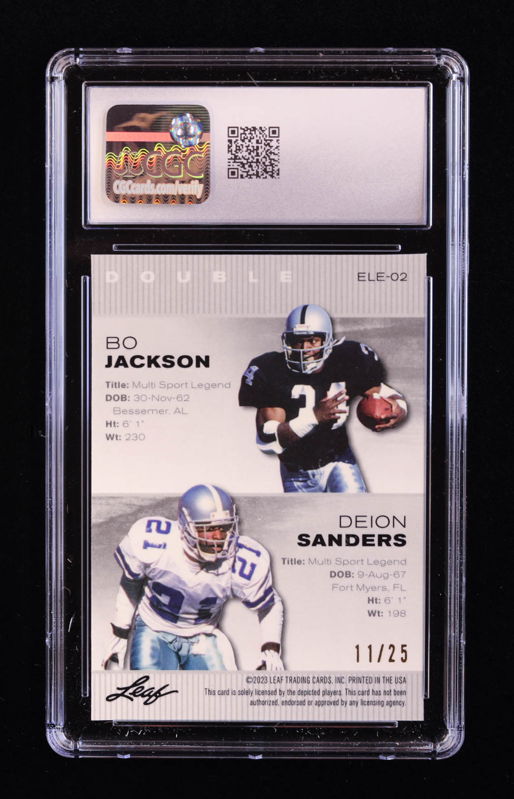 Bo Jackson / Deion Sanders 2023 Leaf Metal Special Release Exclusive Legends Edition Mojo Silver #ELE02 #11/25 (CGC 10) at PristineAuction.com Bo Jackson / Deion Sanders 2023 Leaf Metal Special Release Exclusive Legends Edition Mojo Silver #ELE02 #11/25 (CGC 10) at PristineAuction.com