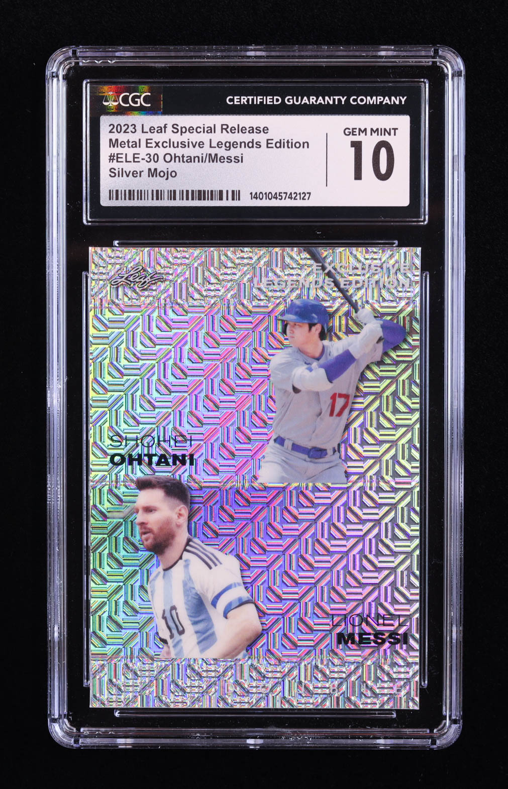 Shohei Ohtani / Lionel Messi 2023 Leaf Metal Special Release Exclusive Legends Edition Mojo Silver #ELE30 #12/25 (CGC 10) at PristineAuction.com Shohei Ohtani / Lionel Messi 2023 Leaf Metal Special Release Exclusive Legends Edition Mojo Silver #ELE30 #12/25 (CGC 10) at PristineAuction.com