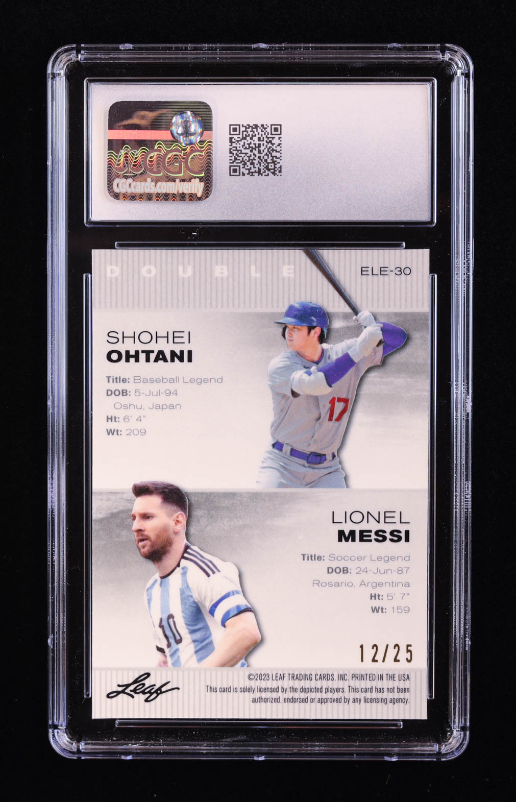 Shohei Ohtani / Lionel Messi 2023 Leaf Metal Special Release Exclusive Legends Edition Mojo Silver #ELE30 #12/25 (CGC 10) at PristineAuction.com Shohei Ohtani / Lionel Messi 2023 Leaf Metal Special Release Exclusive Legends Edition Mojo Silver #ELE30 #12/25 (CGC 10) at PristineAuction.com