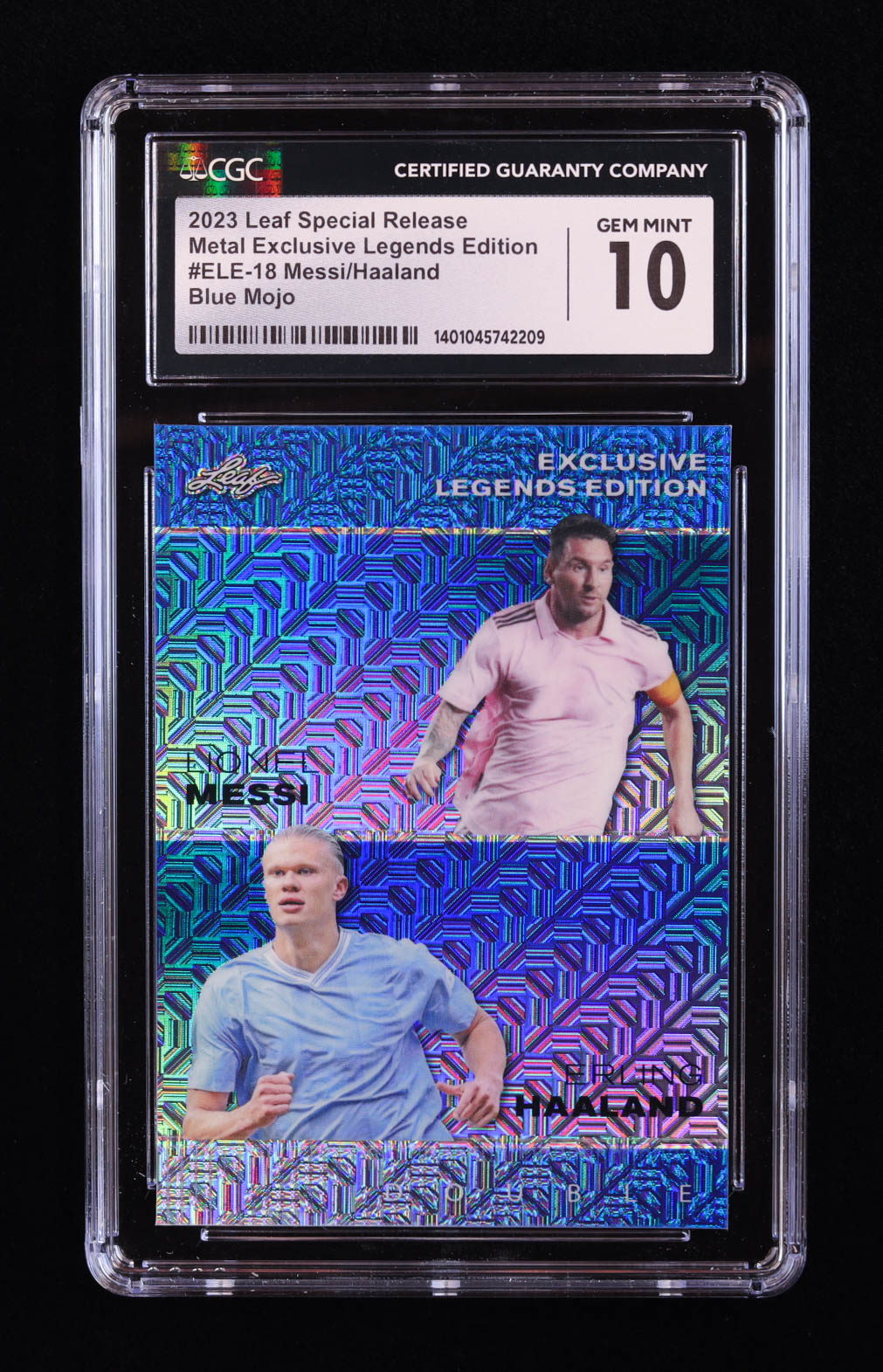 Lionel Messi / Erling Haaland 2023 Leaf Metal Special Release Exclusive Legends Edition Mojo Blue #ELE18 #16/20 (CGC 10) at PristineAuction.com Lionel Messi / Erling Haaland 2023 Leaf Metal Special Release Exclusive Legends Edition Mojo Blue #ELE18 #16/20 (CGC 10) at PristineAuction.com
