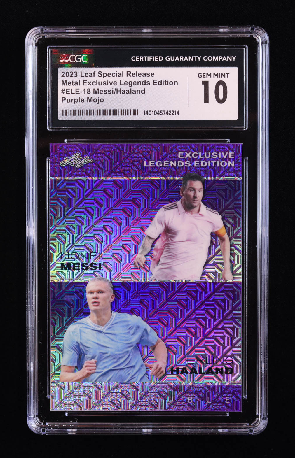 Lionel Messi / Erling Haaland 2023 Leaf Metal Special Release Exclusive Legends Edition Mojo Purple #ELE18 #11/15 (CGC 10) at PristineAuction.com Lionel Messi / Erling Haaland 2023 Leaf Metal Special Release Exclusive Legends Edition Mojo Purple #ELE18 #11/15 (CGC 10) at PristineAuction.com
