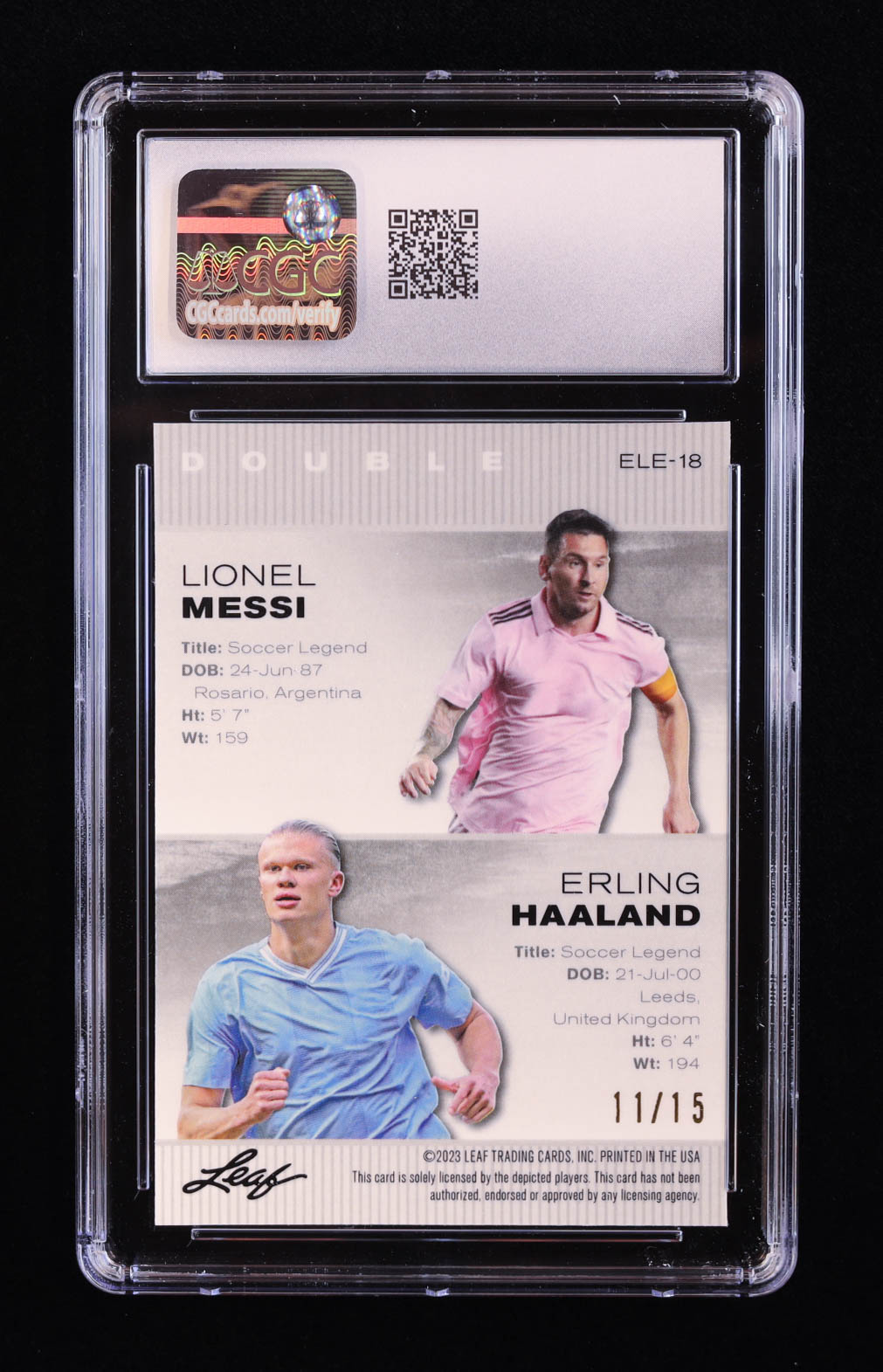 Lionel Messi / Erling Haaland 2023 Leaf Metal Special Release Exclusive Legends Edition Mojo Purple #ELE18 #11/15 (CGC 10) at PristineAuction.com Lionel Messi / Erling Haaland 2023 Leaf Metal Special Release Exclusive Legends Edition Mojo Purple #ELE18 #11/15 (CGC 10) at PristineAuction.com