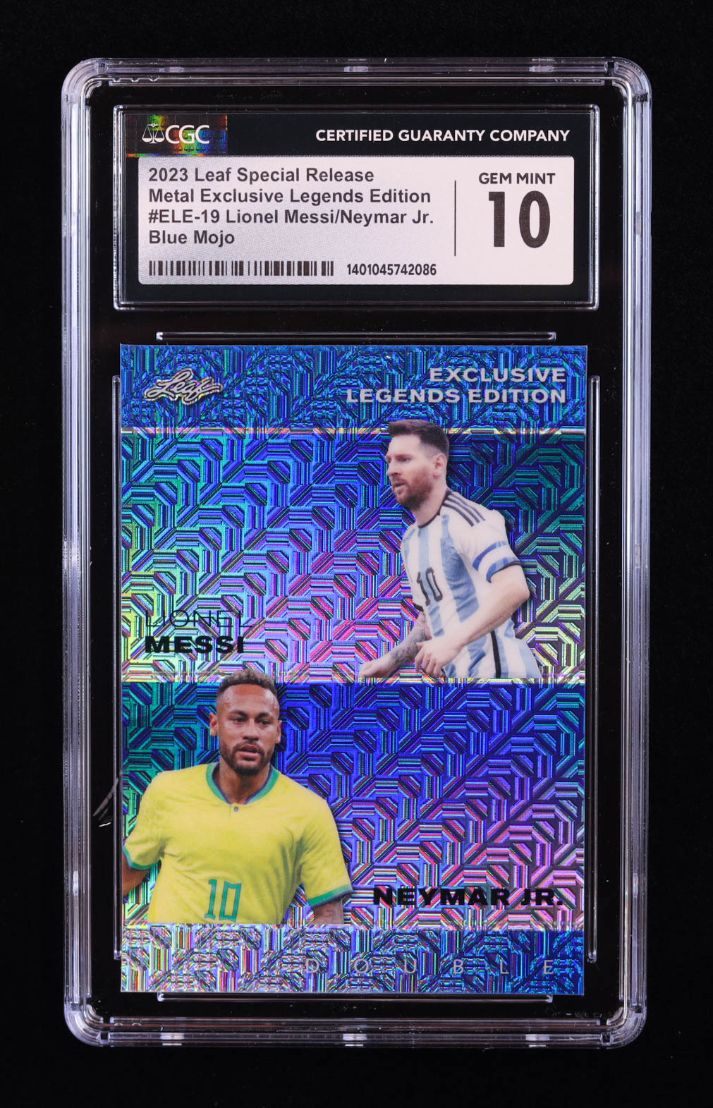 Lionel Messi / Neymar Jr. 2023 Leaf Metal Special Release Exclusive Legends Edition Mojo Blue #ELE19 #19/20 (CGC 10) at PristineAuction.com Lionel Messi / Neymar Jr. 2023 Leaf Metal Special Release Exclusive Legends Edition Mojo Blue #ELE19 #19/20 (CGC 10) at PristineAuction.com