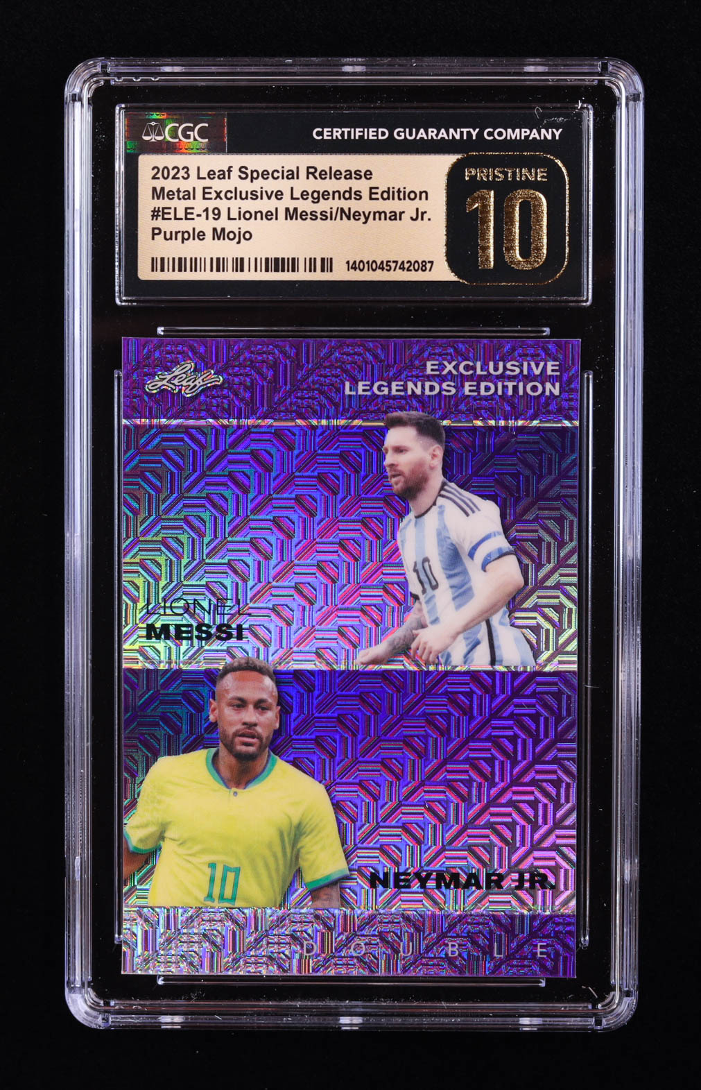 Lionel Messi / Neymar Jr. 2023 Leaf Metal Special Release Exclusive Legends Edition Mojo Purple #ELE19 #6/15 (CGC 10 | Pristine Black Label) at PristineAuction.com Lionel Messi / Neymar Jr. 2023 Leaf Metal Special Release Exclusive Legends Edition Mojo Purple #ELE19 #6/15 (CGC 10 | Pristine Black Label) at PristineAuction.com