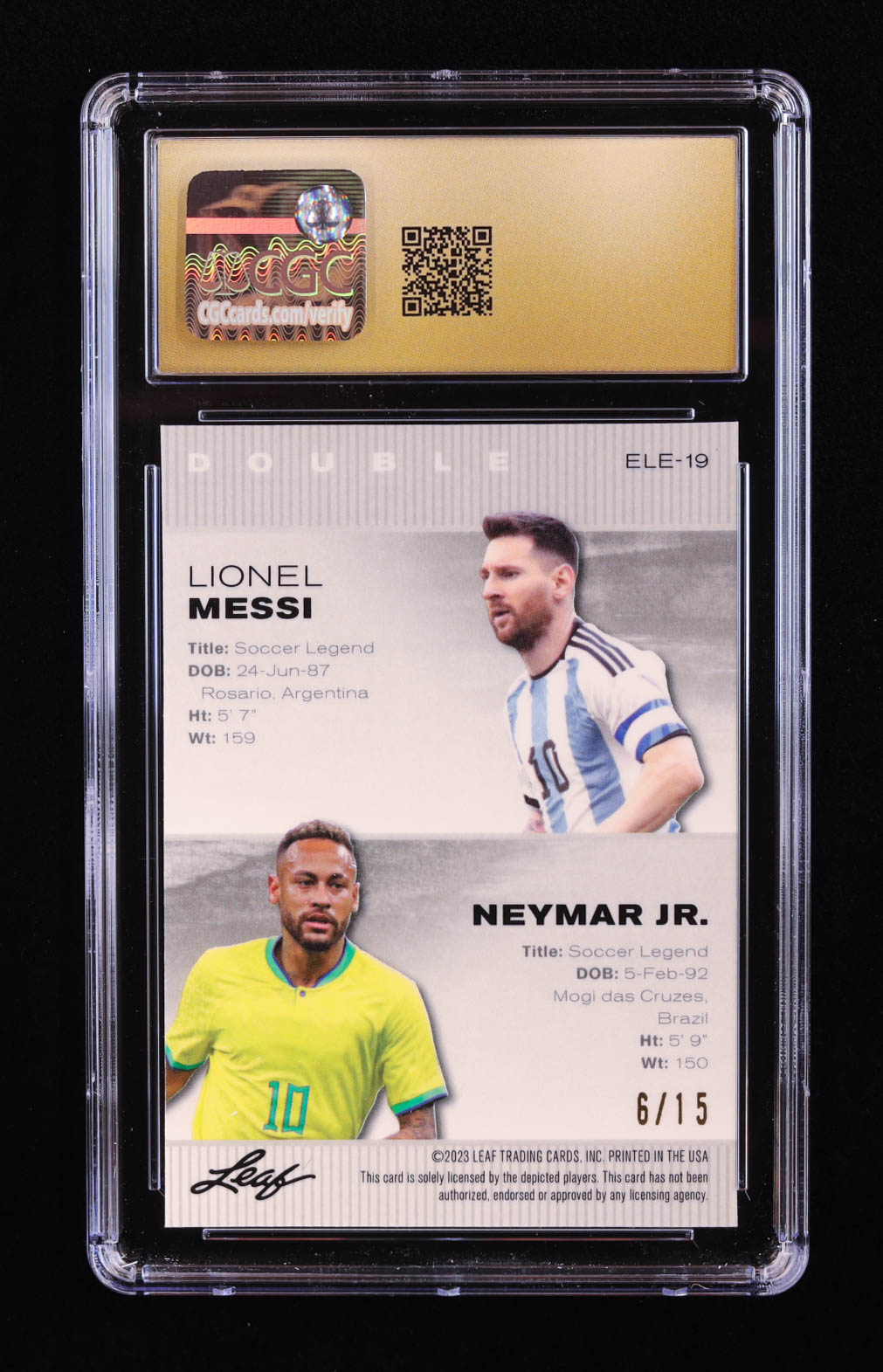 Lionel Messi / Neymar Jr. 2023 Leaf Metal Special Release Exclusive Legends Edition Mojo Purple #ELE19 #6/15 (CGC 10 | Pristine Black Label) at PristineAuction.com Lionel Messi / Neymar Jr. 2023 Leaf Metal Special Release Exclusive Legends Edition Mojo Purple #ELE19 #6/15 (CGC 10 | Pristine Black Label) at PristineAuction.com