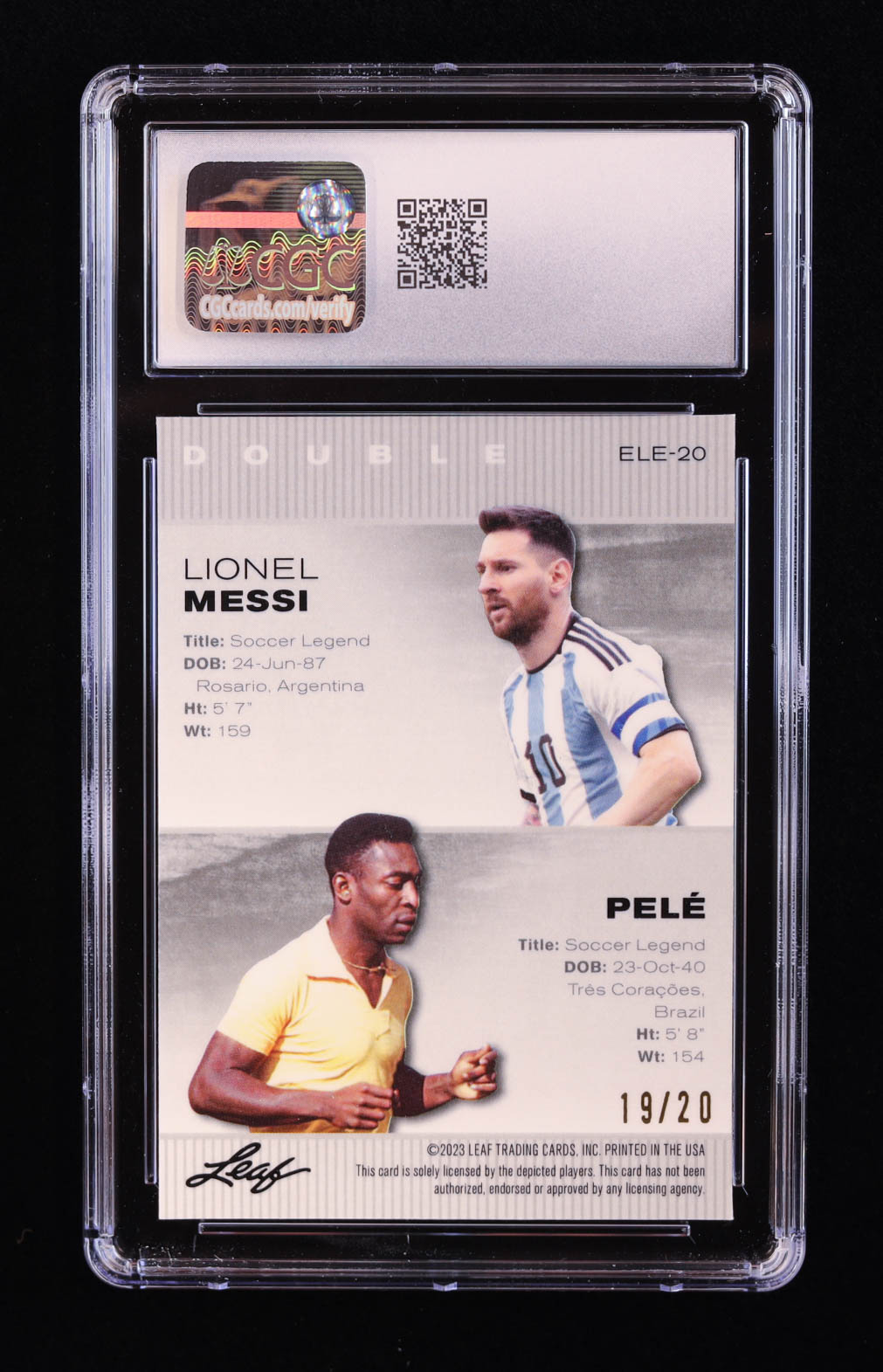 Lionel Messi / Pele 2023 Leaf Metal Special Release Exclusive Legends Edition Mojo Blue #ELE20 #19/20 (CGC 9) at PristineAuction.com Lionel Messi / Pele 2023 Leaf Metal Special Release Exclusive Legends Edition Mojo Blue #ELE20 #19/20 (CGC 9) at PristineAuction.com
