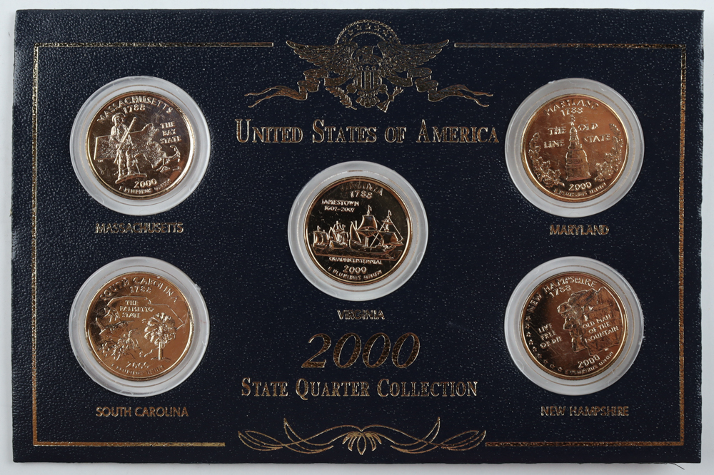 2000 United States Mint Millennium Gold Plated Edition 50 State Quarters Proof Set with (5) Coins at PristineAuction.com 2000 United States Mint Millennium Gold Plated Edition 50 State Quarters Proof Set with (5) Coins at PristineAuction.com