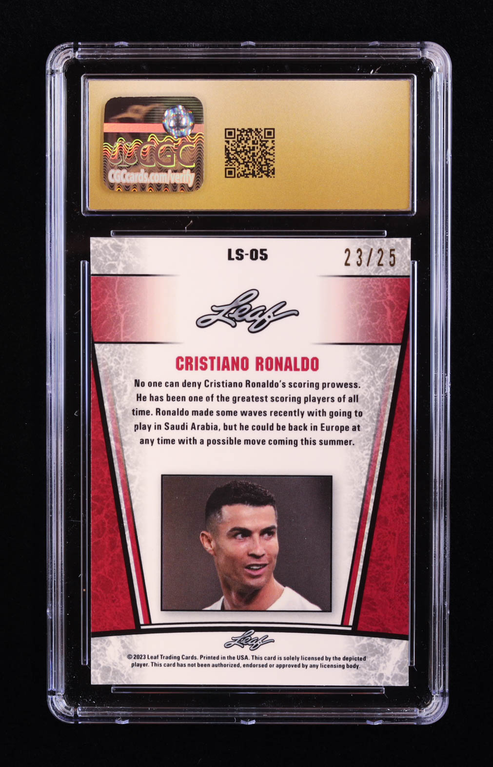 Cristiano Ronaldo 2023 Leaf Metal Special Release Legend Silver Mojo Silver #LS05 #23/25 (CGC 10 | Pristine Black Label) at PristineAuction.com Cristiano Ronaldo 2023 Leaf Metal Special Release Legend Silver Mojo Silver #LS05 #23/25 (CGC 10 | Pristine Black Label) at PristineAuction.com