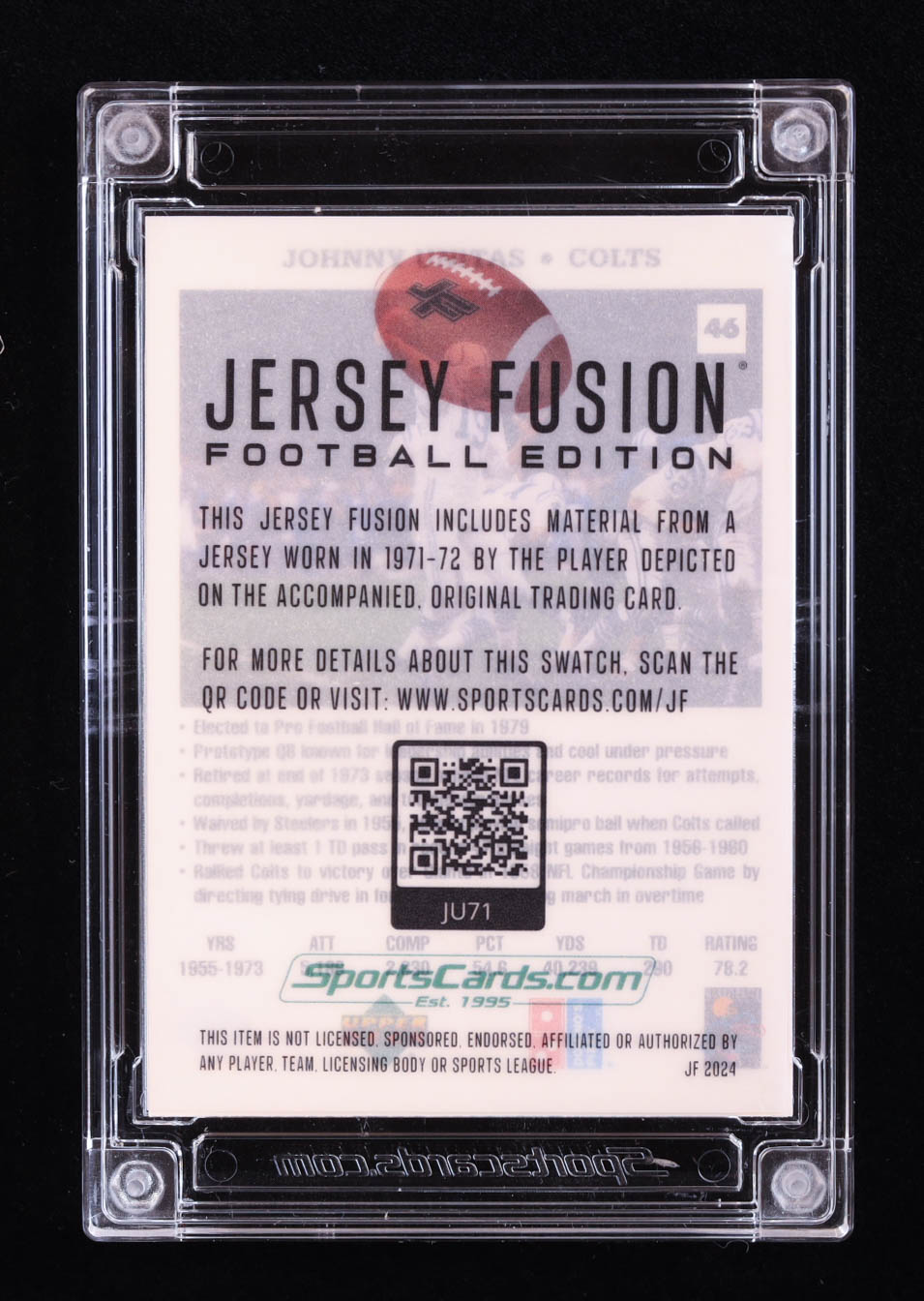 Johnny Unitas 2024 Sportscards.com Jersey Fusion Game-Used Swatch #JU71 at PristineAuction.com Johnny Unitas 2024 Sportscards.com Jersey Fusion Game-Used Swatch #JU71 at PristineAuction.com